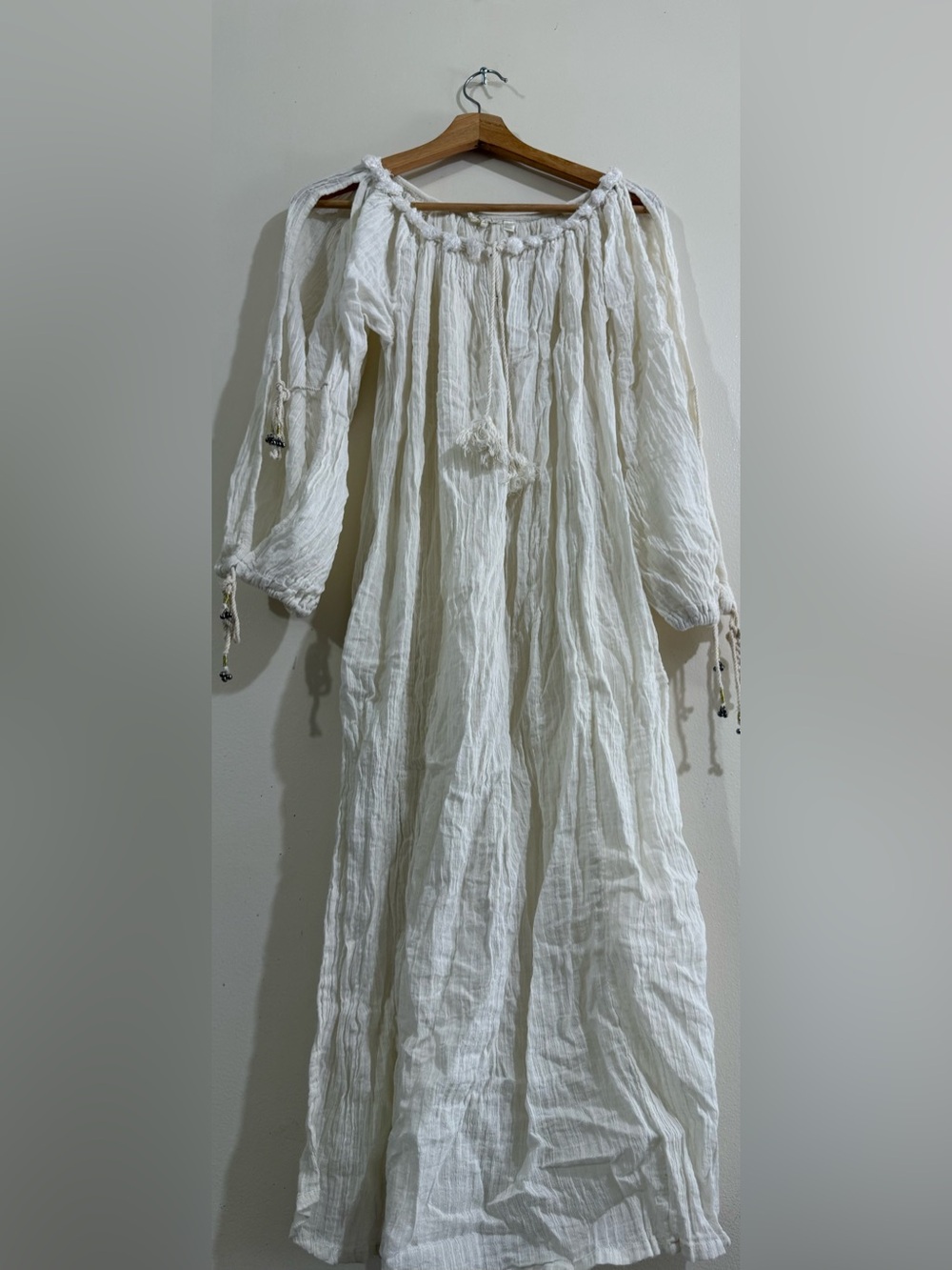 Blue White Off-Shoulder Maxi Dress with Tassel Ties